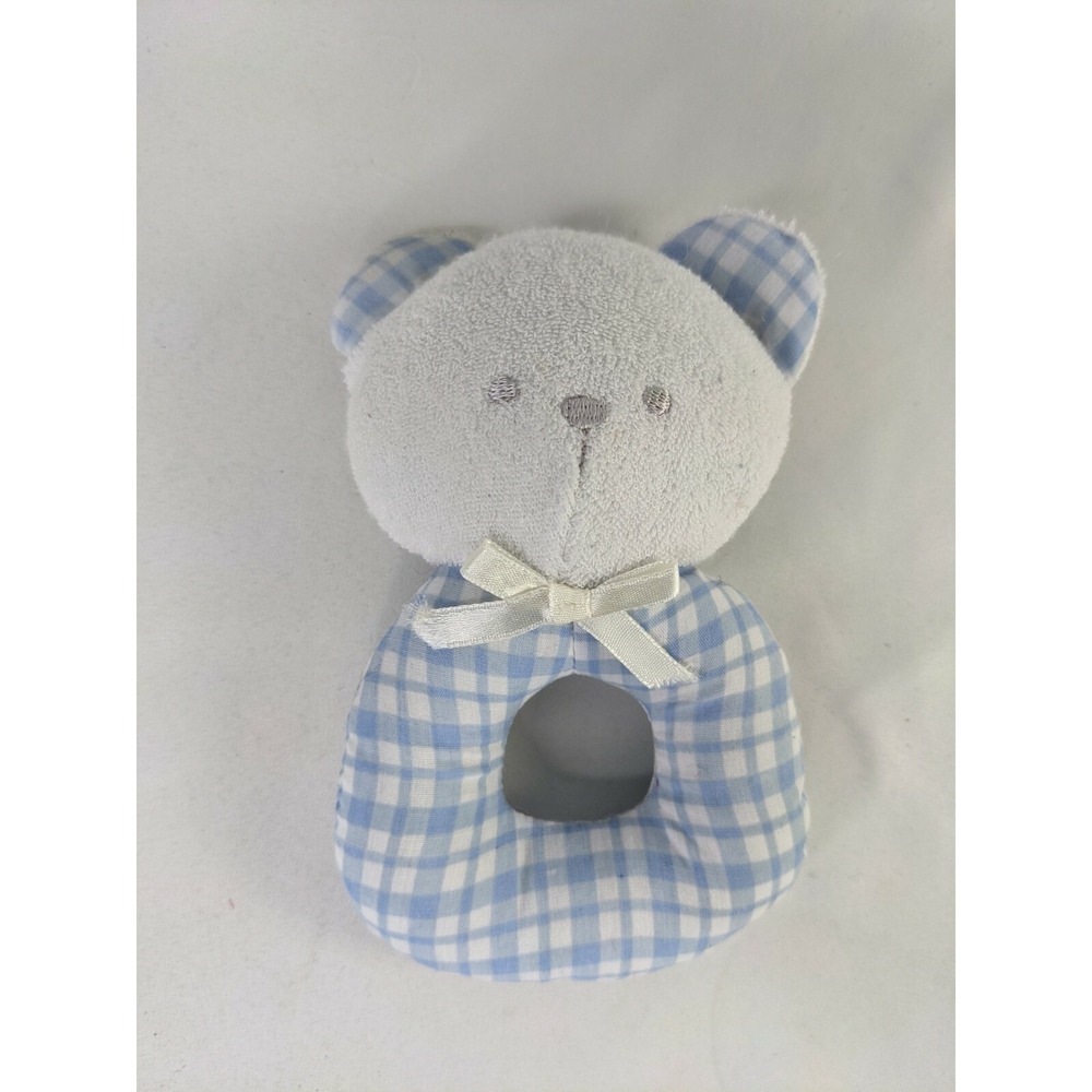 Terry Cloth Bear Plush Rattle Ring White Blue Gingham Stuffed Animal Toy